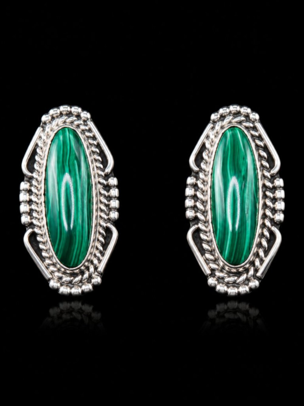 Vintage Native American Sterling Silver and Green Malachite Post Earrings